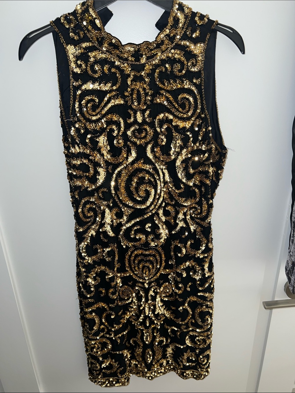 90s AJ Bari Versace inspired Black & Gold Sequin/bead silk Cocktail mini dress